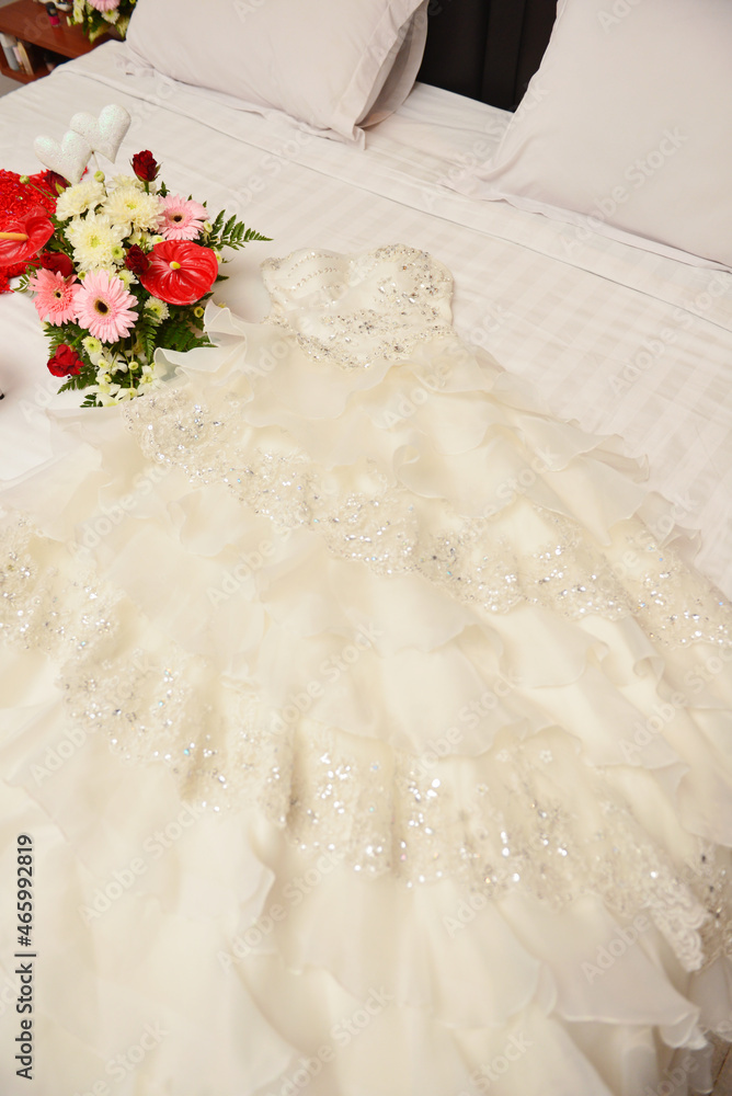 White Wedding Dress, Mattress, Bed Sheet, Pillow, Flowers White Wedding Dress, Mattress, Bed Sheet, Pillow, Flowers