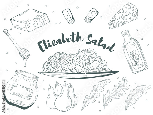 Elizabeth Salad served on plates with ingridients hand drawn with contour lines on white background