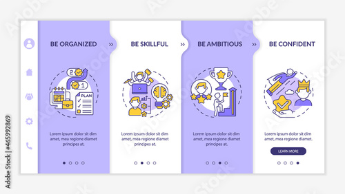 Personality traits for career advancement onboarding vector template. Responsive mobile website with icons. Web page walkthrough 4 step screens. Productivity color concept with linear illustrations