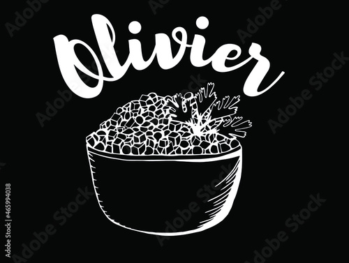 Olivier Salad served on plates with ingridients hand drawn with contour lines on white background