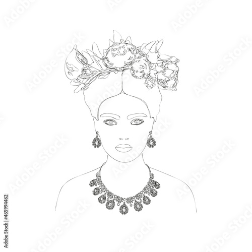 Vector linear portrait beautiful Mexican woman in national clothes.