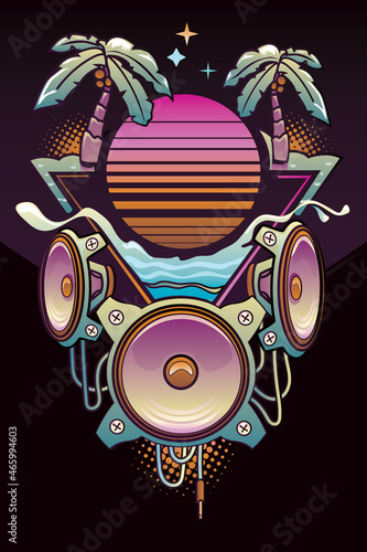Musical speakers and palms on sunset - electronic music emblem