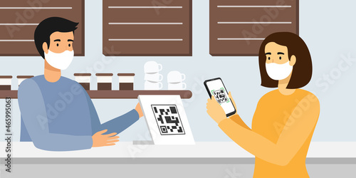 Young woman wear medical mask scan qr code at the entrance to the cafe. Covid Safe Chek-In