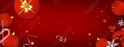 New Year and Christmas horizontal composition. Flat lay design with Christmas decoration on red.Top view. vector