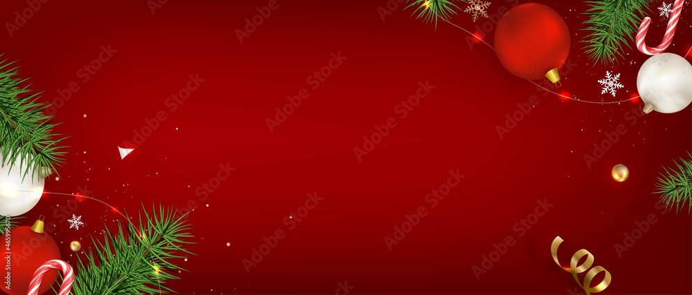 New Year and Christmas horizontal composition. Flat lay design with Christmas decoration on red.Top view. vector New Year and Christmas horizontal composition. Flat lay design with Christmas decoration on red.Top view. vector