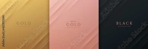 Set of gold, black and rose gold abstract background with dynamic diagonal stripe lines and shadow. Modern and simple template banner collection design. Luxury and elegant concept. EPS10 vector