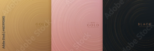 Set of radial circular glowing glitter overlapping on black, gold and rose gold background. Luxury and elegant halftone design. Radial dots pattern template with copy space. Vector illustration