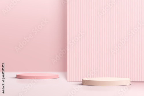 Abstract realistic pink and beige 3D cylinder pedestal podium set with pink square backdrop and shadow. Minimal scene for Valentine product display presentation. Vector geometric rendering platform.