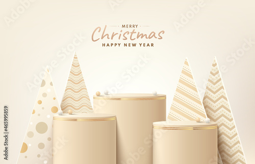 Abstract realistic 3D brown and gold cylinder stand podium set with christmas tree. Merry christmas and happy new year scene for product display presentation. Vector rendering platform. Stage showcase