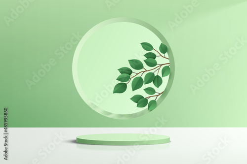 Abstract realistic 3D green cylinder pedestal podium with green leaf in circle window. Pastel green minimal scene for product display presentation. Vector geometric rendering platform. Stage showcase.