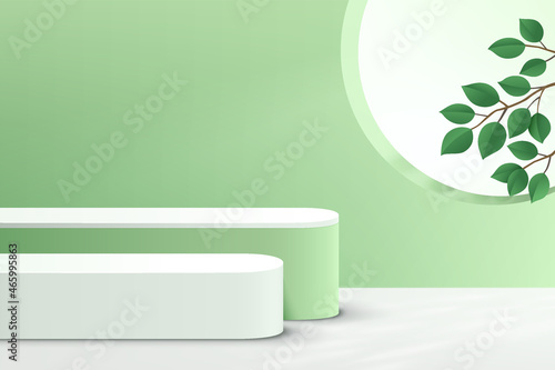 Abstract realistic 3D green pedestal podium set with green leaf in circle window. Pastel green minimal scene for product display presentation. Vector geometric rendering platform. Stage for showcase.