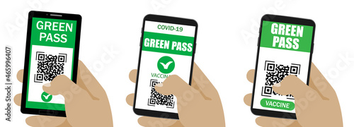 Green Pass.Set of vaccine passport.Coronavirus Immune passport template icon. Hand holding smartphone with QR code and digital Green Pass.Vector isolated.