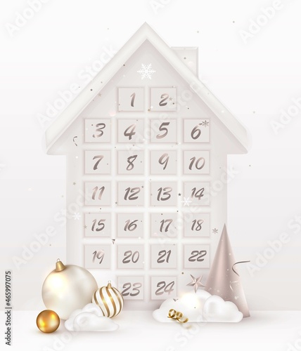 Christmas Advent calendar. Decorative white house with paper sheets with number of the day of december. New Year 2022.Scene Mockup. Realistic vector composition.