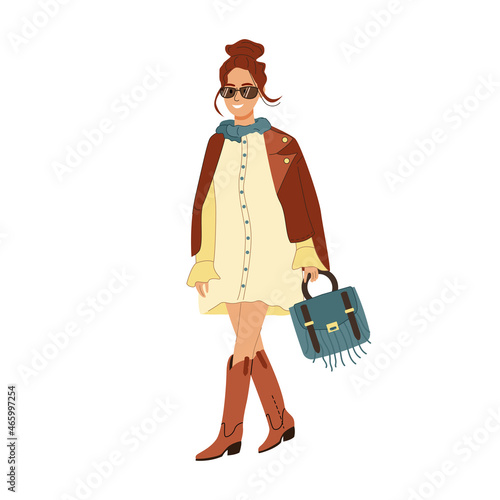 Boho style fashionable clothing. Pretty woman wearing trendy outfit and accessories in bohemian style. Female stylish dress, boots, jacket and bag. Flat cartoon vector illustration on white background