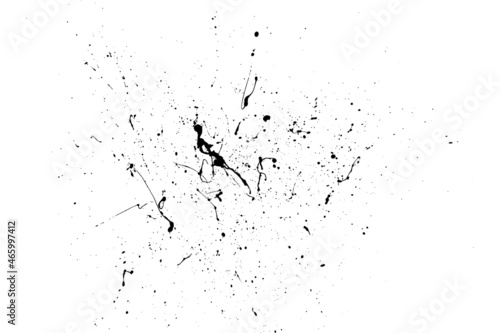 Black blobs isolated on white. Ink splash. Brushes droplets. Grainy texture background. Digitally generated image. Vector illustration, EPS 10.