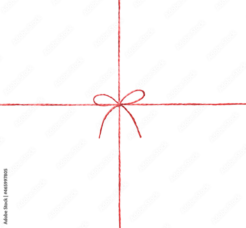 Red twine rope tied with bow isolated on white. Thread decor, ribbon. Red twine rope tied with bow isolated on white. Thread decor, ribbon.