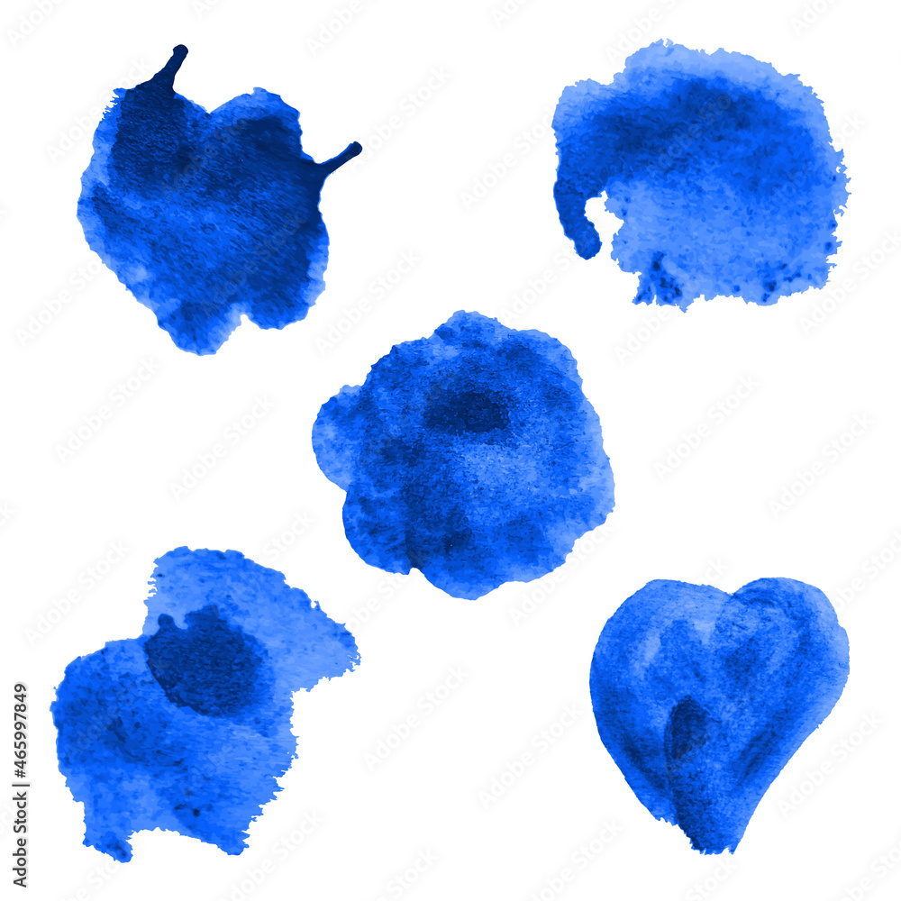 Set of Drawn blue brushes, strokes, blots. Watercolor technique. Vector illustration. Artistic design elements. A stain with streaks. Texture for the background. Isolated, on a white background.

