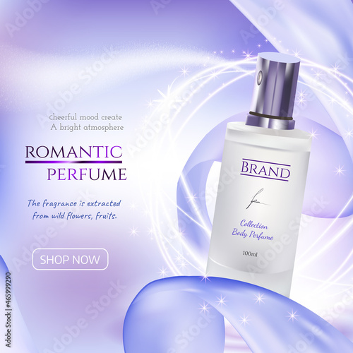 Perfume glass bottle product advertising realistic composition on blurred purple background with sparkles and rays vector illustration