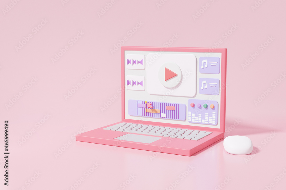 Minimal laptop mockup Video Editing and Cuts Footage Sound Music via  computer isometric Cartoon cute smooth on pink background, motion, vlog,  movie, 3d render illustration Stock Illustration | Adobe Stock