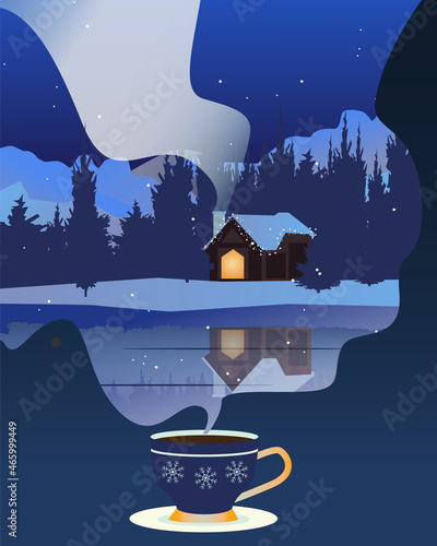 Coffee cup with beautiful Snowy winter house on river bank with smoke from chimney. Winter snow landscape silhouette. Editable vector illustration background