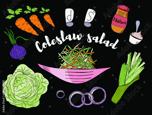 Coleslaw served on plates with ingridients hand drawn in Color on Black background