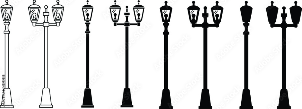 Naklejka premium Street Lamp Post Clipart Set - Outline and Silhouette