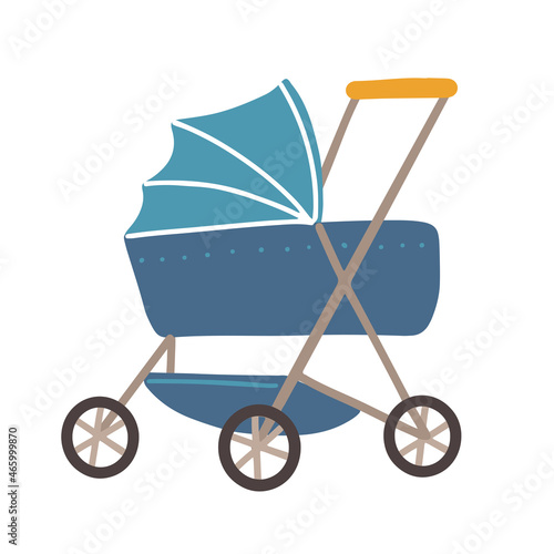Perambulator with wheels and handle. Isolated pram for newborn kids. Transportation of baby in pram. Blue color carriage or buggy for boy. Vector flat style illustration