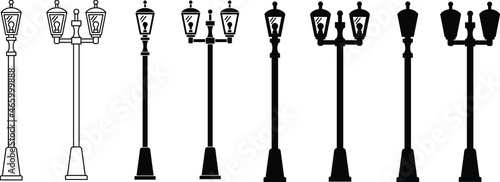 Street Lamp Post Clipart Set - Outline and Silhouette