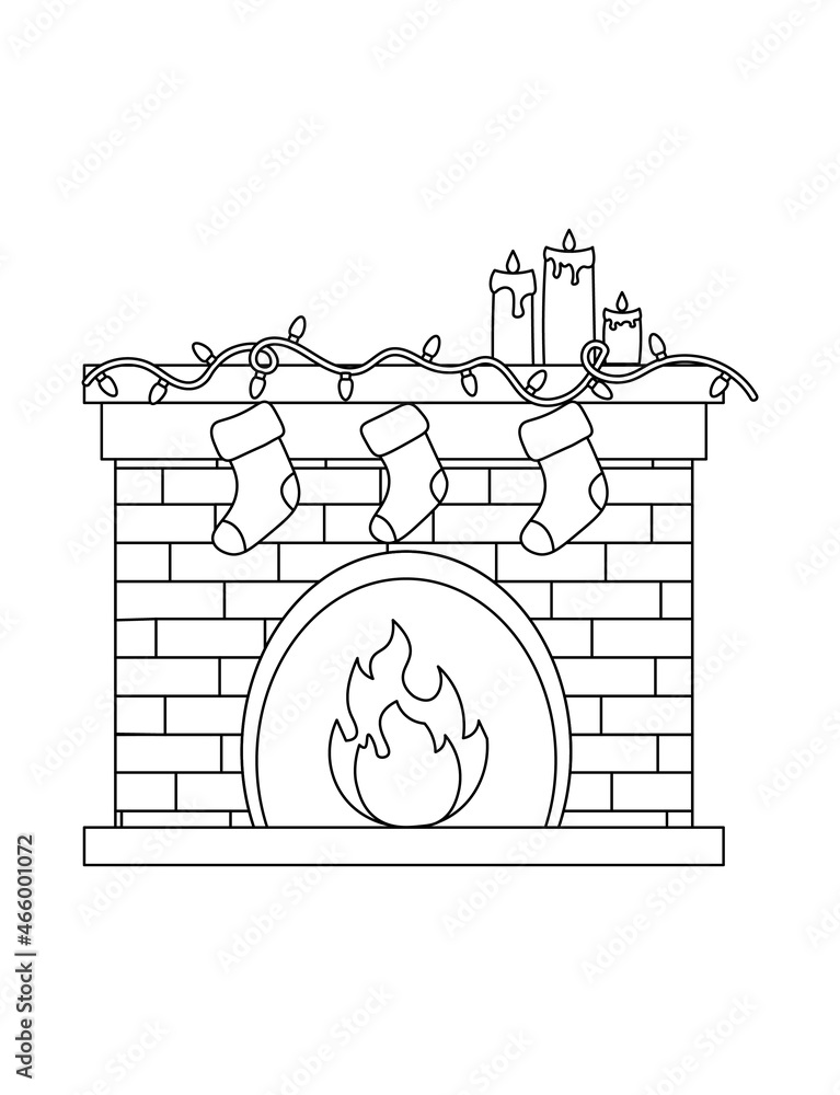 Cute fireplace ornate with stockings and Christmas lights. Black and