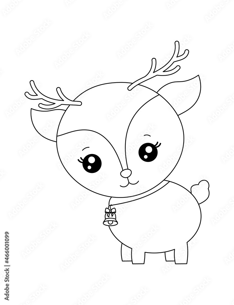 Cute kawaii deer with bell. Black and white Christmas coloring page for