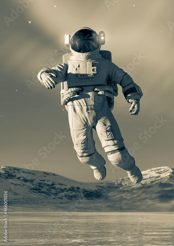 astronaut in another planet walking on ice lake to discover all around portrait view