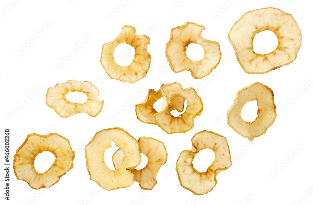 Apple chips are falling on a white background. Isolated