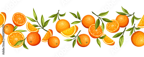 Vector horizontal seamless border with citrus orange fruit and green leaves.