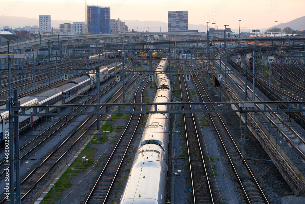 Aerial view of train at track field of Zürich main station on a sunny autumn evening. Photo taken October 9th, 2021, Zurich, Switzerland. Aerial view of train at track field of Zürich main station on a sunny autumn evening. Photo taken October 9th, 2021, Zurich, Switzerland.