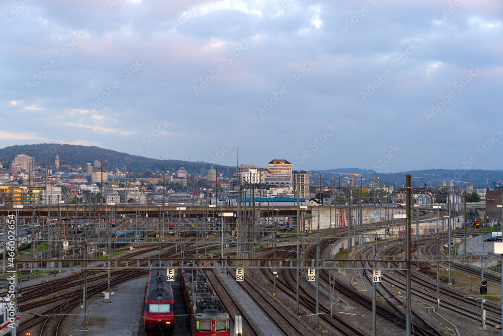Aerial view of train at track field of Zürich main station on a sunny autumn evening. Photo taken October 9th, 2021, Zurich, Switzerland.