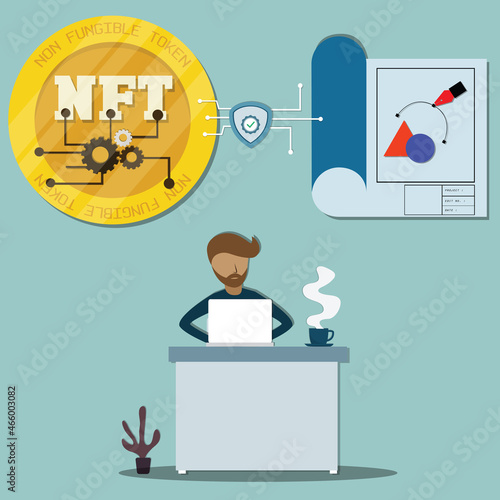 Flat design of digital technology,Young man create his graphic and convert them to NFT - vector