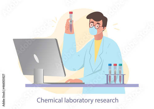 Man with flask. Character checks conformity of substance, searches for information in computer database. Doctor enters new results, chemical laboratory research. Cartoon flat vector illustration
