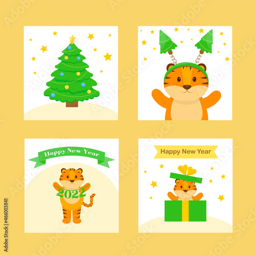 This is a set of new year cards with cute animals  a Christmas tree  gift box.