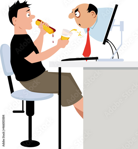 Manager checking in with a remote employee who is eating and drinking beer at his desk, EPS 8 vector illustration