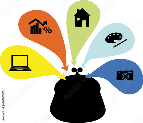 Conceptual vector illustration on income diversification, assorted source of income to supply a coin purse,  EPS 8