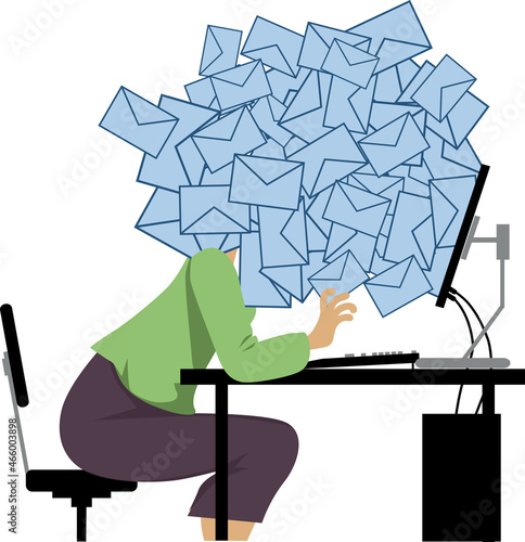 Avalanche of e-mail coming out of the computer, overwhelming a person, EPS 8 vector illustration