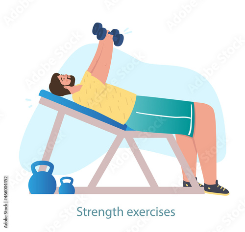Man does bench press. Character with dumbbells shakes his chest. Fitness room, weightlifting, soport, workout, training. Athlete in competitions, strenght exercise. Cartoon flat vector illustration
