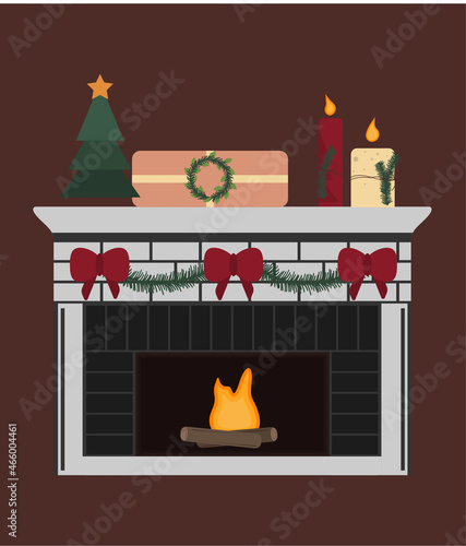 Christmas fireside with gift and candles. Red bow indoor decoration.
