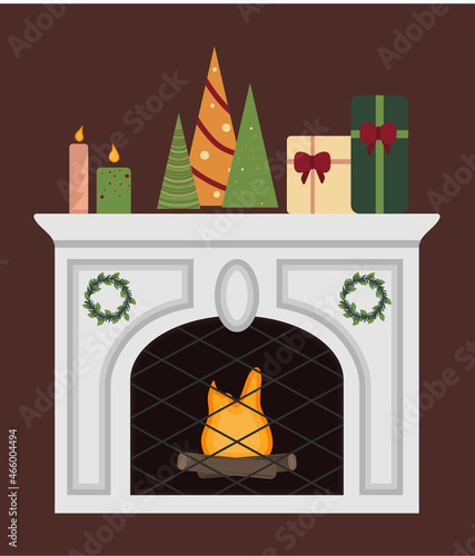 Vector fireplace with stone decorated for Christmas. Trees, candles and gifts with red bow for winter holiday