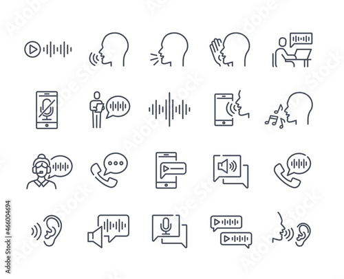 Black and white voice icons. Graphics for notifications, application development. Support avatar, call, singing, audio, silent mode. Cartoon flat vector illustration isolated on white background photo