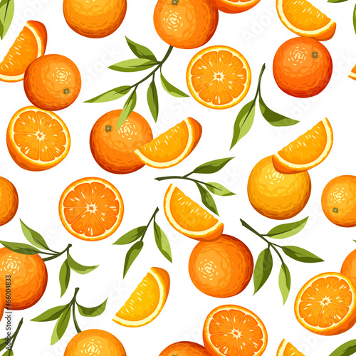 Vector seamless pattern with citrus orange fruit and green leaves on a white background.