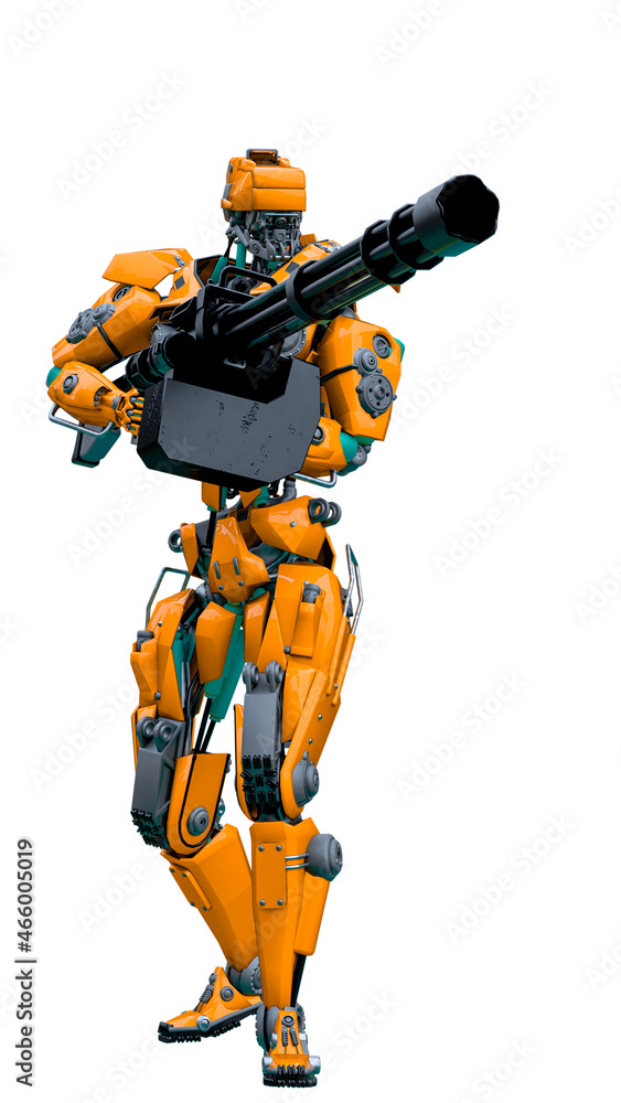 mechanical soldier holding a huge machine gun mechanical soldier holding a huge machine gun