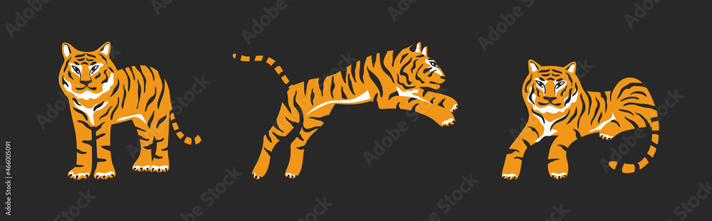 Isolated vector illustration of tigers silhouette on black background. Lying, standing, jumping tiger. Wild animal sign. Abstract wildlife design element. Tigers icon collection. New 2022 year symbol