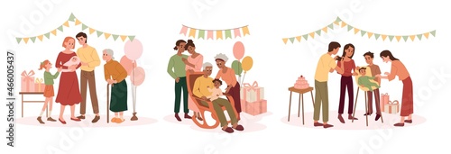 Set of family. Kid growing before our eyes. Newborn, boy. Family photos album, archive. Collection of image with people, dad and mom. Cartoon flat vector illustrations isolated on white background