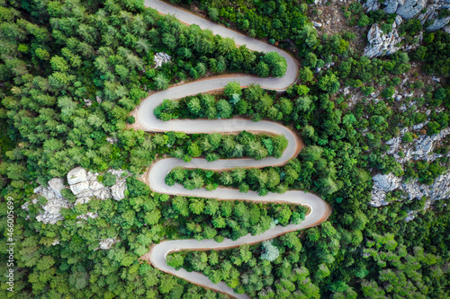 Photos View from above, stunning aerial view of a serpentine road surrounded by green pine trees